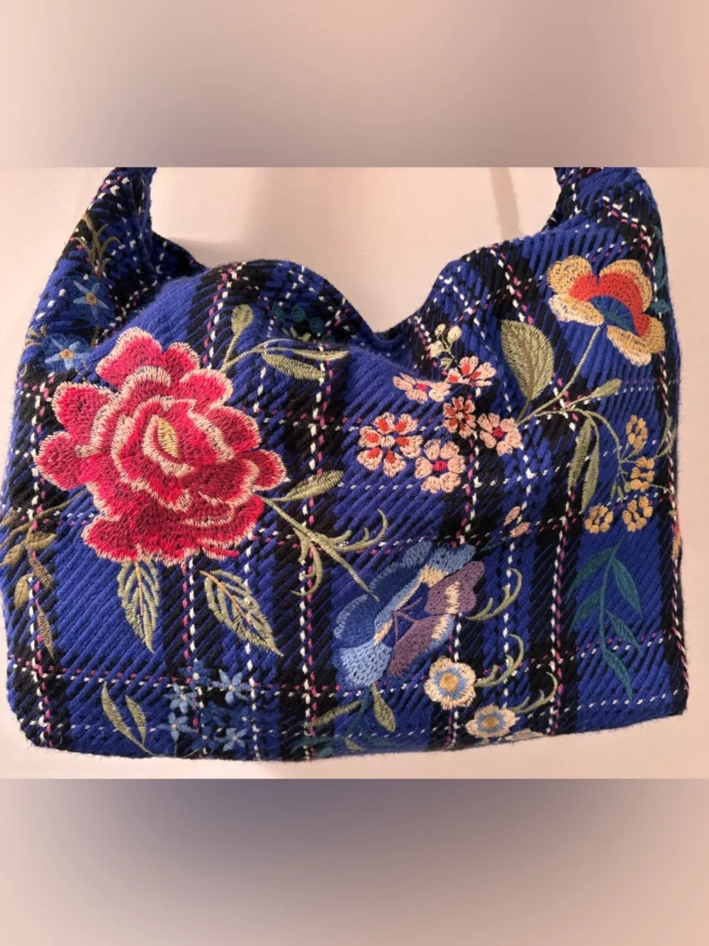 Johnny Was Mila Blue Plaid Embroidered Tote Bag - Picture 9 of 15